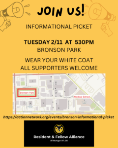 Advertisement for 2/11 5PM picket at Bronson Park with map showing park location.